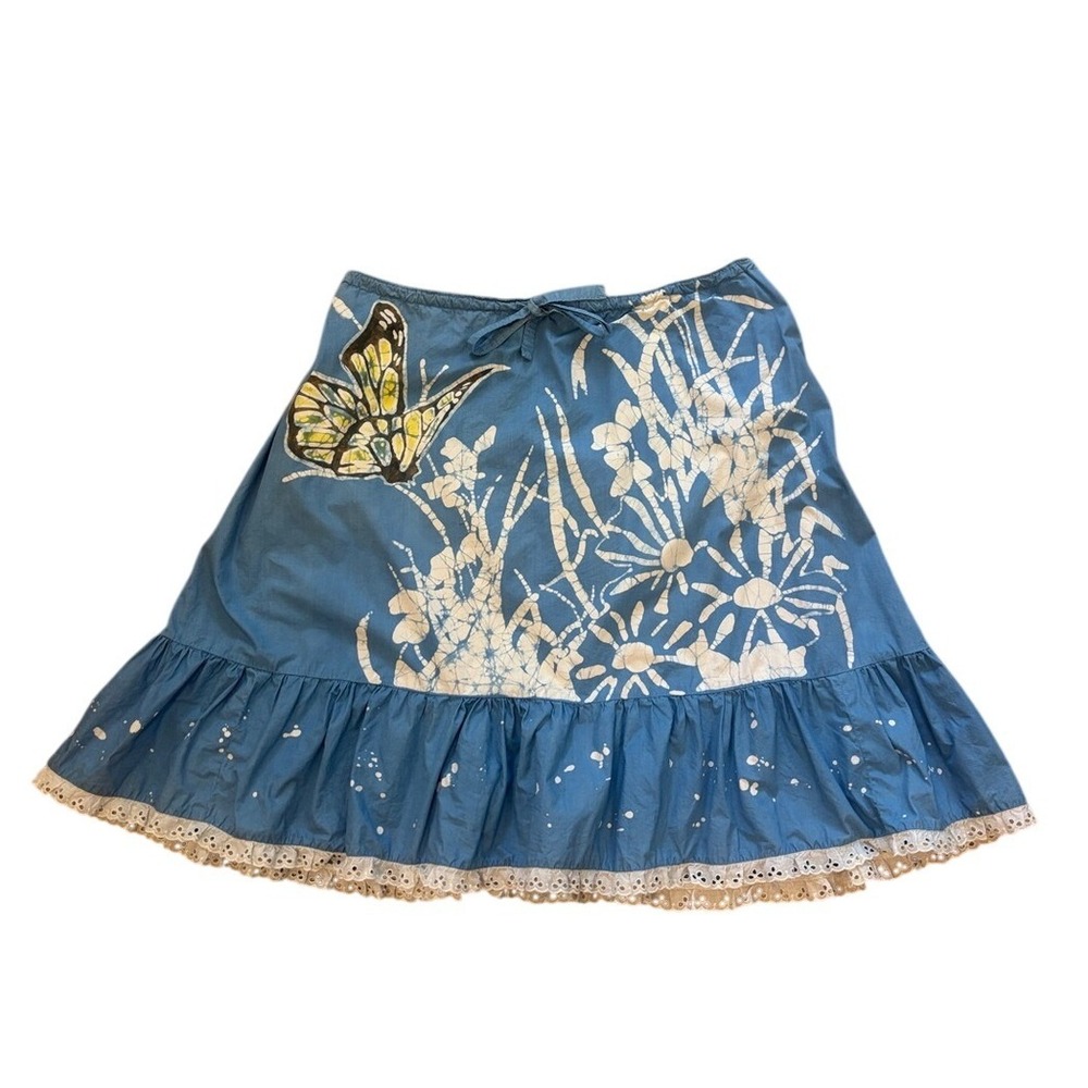 Kamakr Blue Batik Butterfly Floral Ruffle Eyelet Lace Trim Cotton Skirt XL
